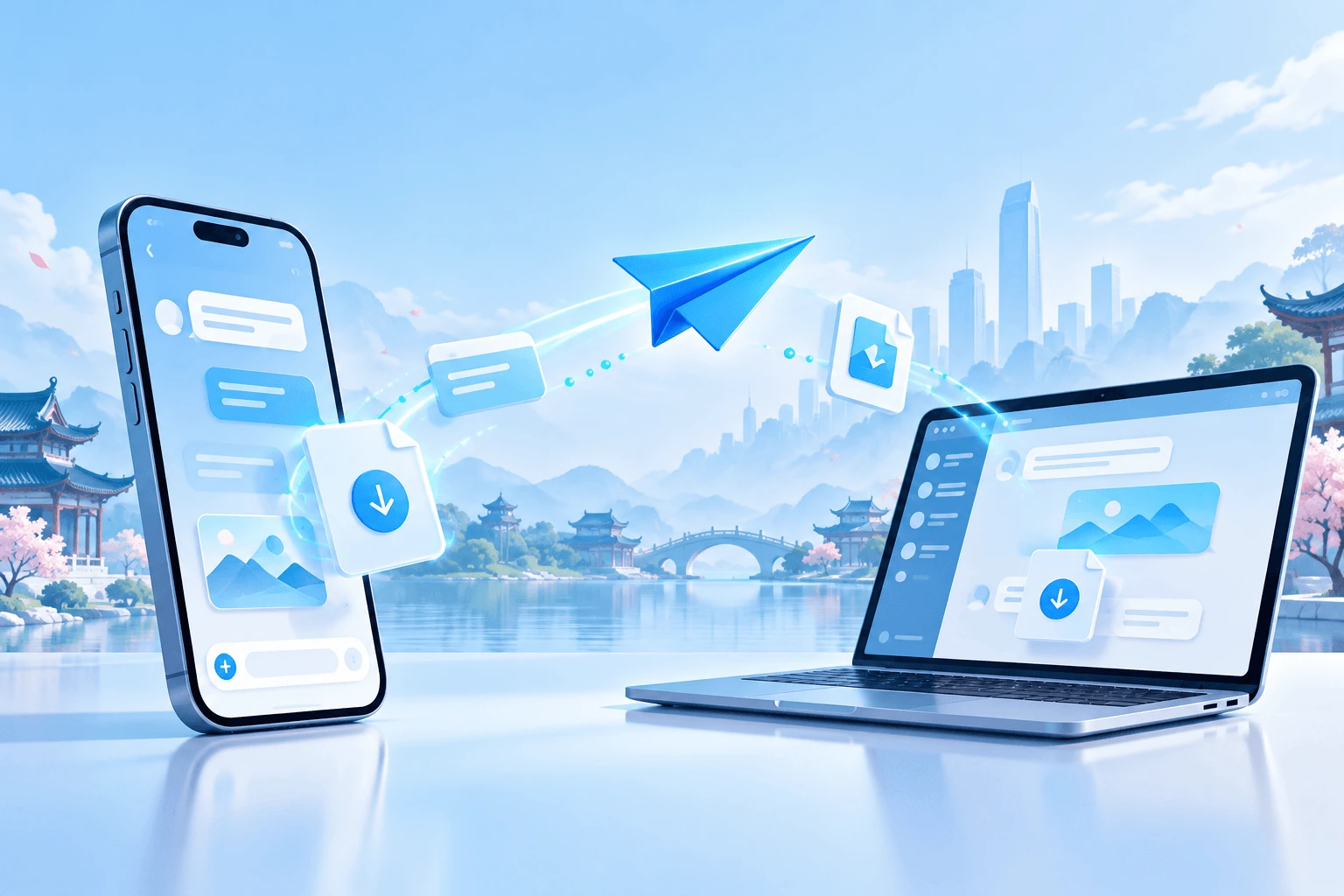 Telegram 电报纸飞机通信主题插画：手机与电脑上的聊天场景